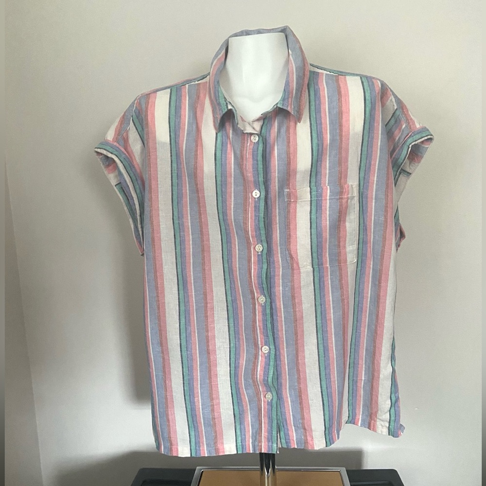 4/$15 Orvis Pink, Linen Blend Blue, and White Striped Casual Shirt